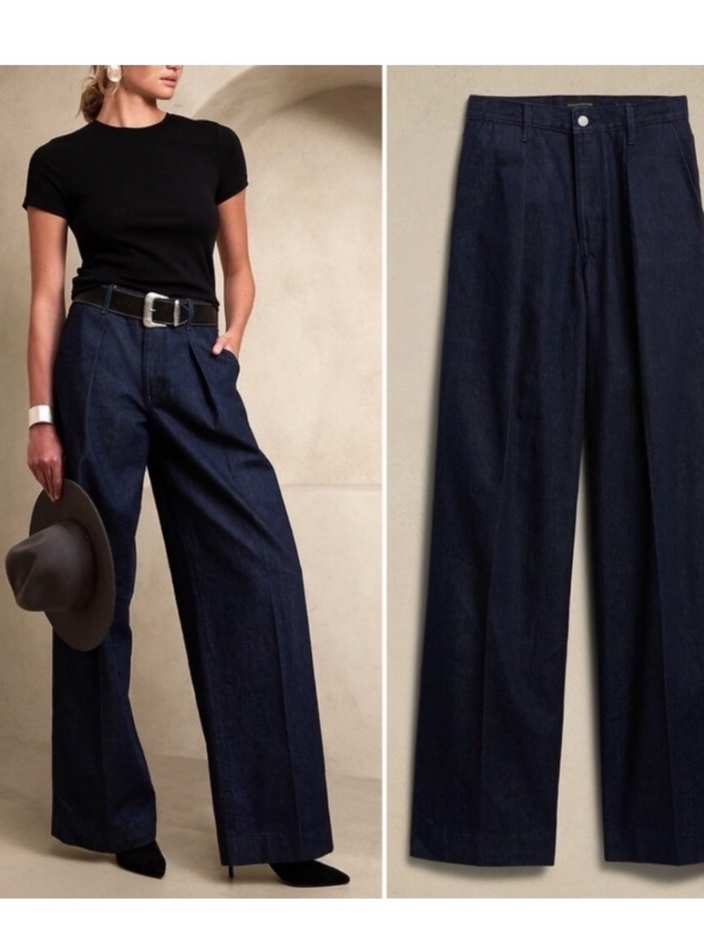 Banana Republic Pleated Wide Leg Dark Denim Trousers Size 30 - Picture 2 of 10